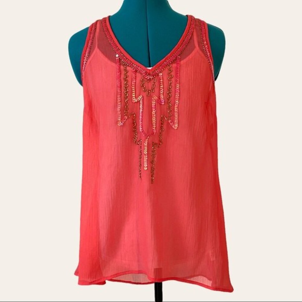 HeartSoul Sheer Coral Beaded Tunic Tank Top Womens size Medium